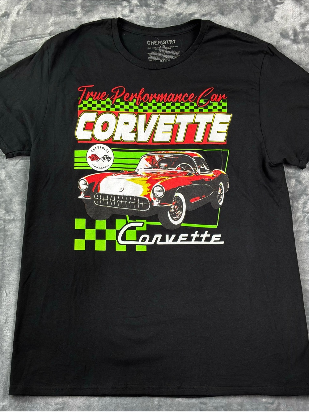NWOT Chevrolet Corvette ‘57 Coupe Chemistry T-Shirt Large Black Double Sided Car
